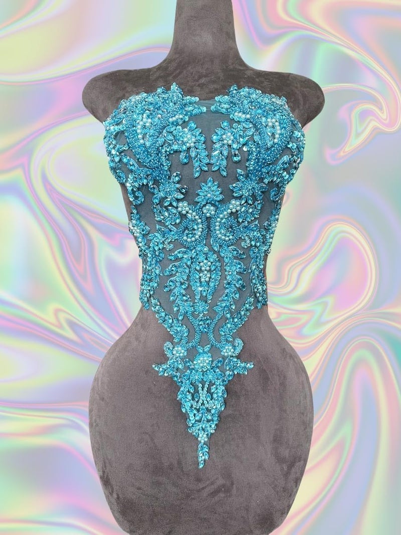 ArtistryXB Handmade Rhinestones Lace Bodice Applique Sew on Beads Sequins Trimming Patches for Dress Clothing Accessories 1Pcs/Bag (Sky Blue) - Image 2